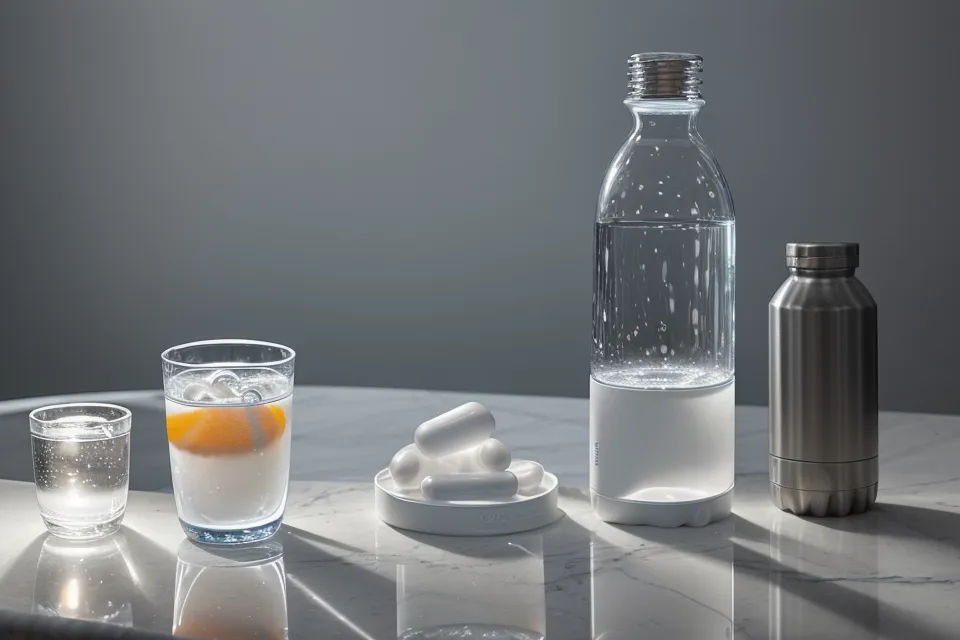 A bottle of Yu Sleep supplement on a nightstand as part of an executive wellness sleep routine.