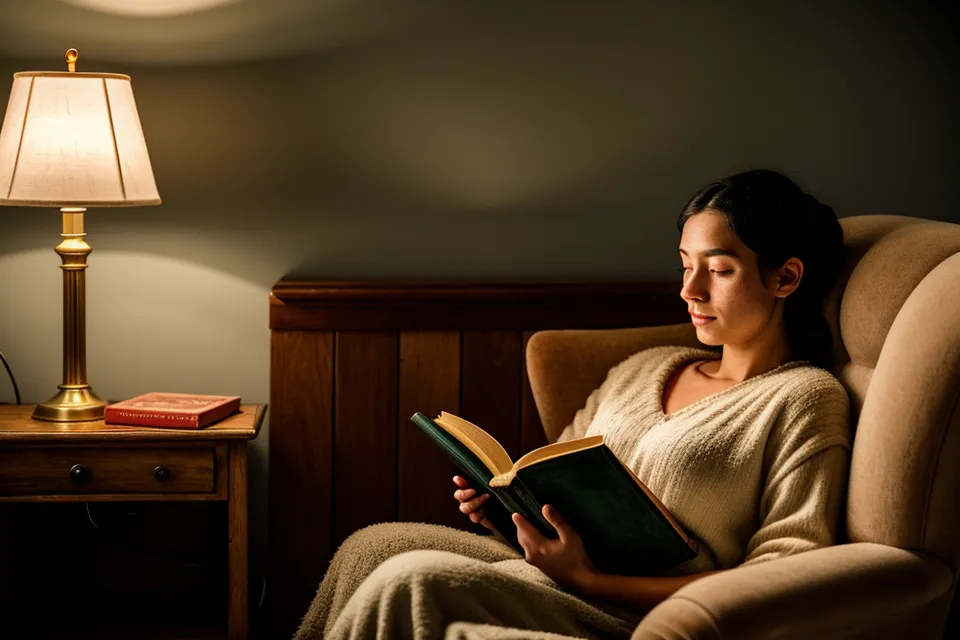 A woman reading a book in a chair before bed as part of a nightly burnout recovery routine.