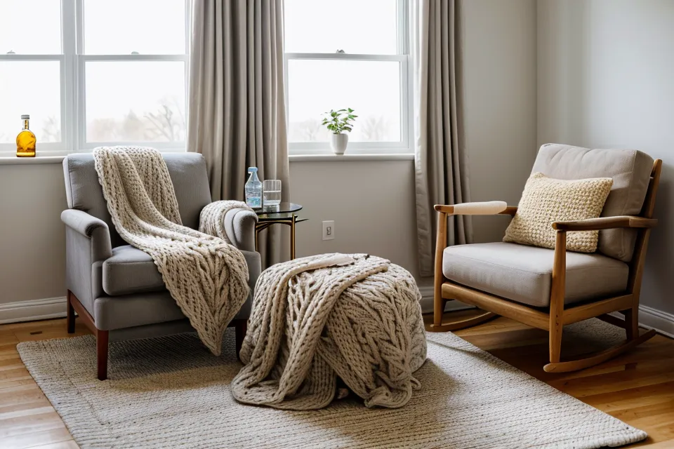 A cozy armchair and blanket set up for the physical signal step of an evening routine before bed