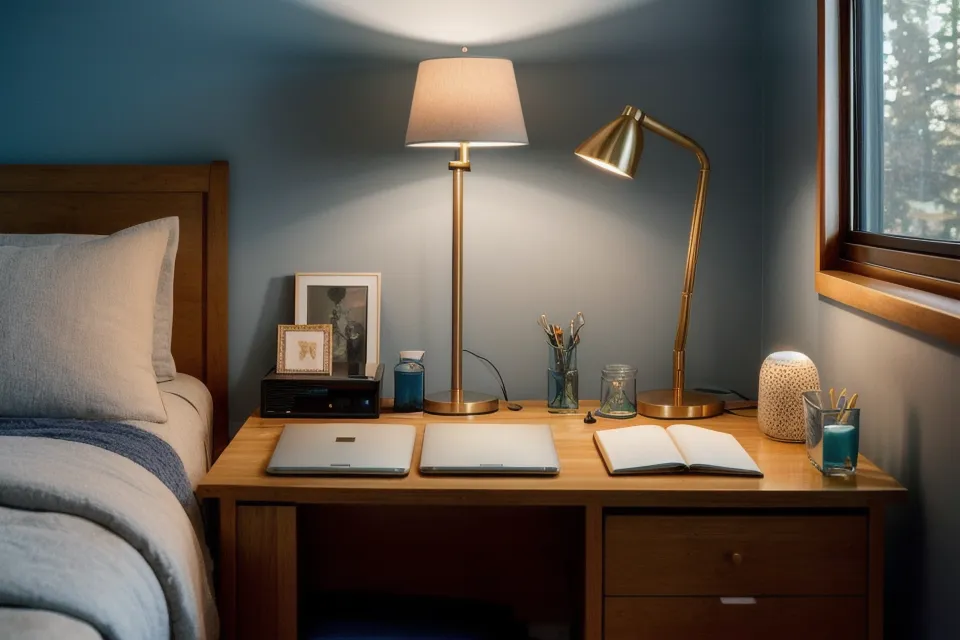 Floor lamp casting indirect, low light on a bedroom wall as part of an evening lighting setup for better sleep