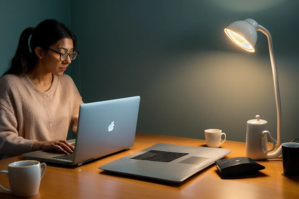Closing the laptop before bed as part of a professional's night sweat and sleep quality routine