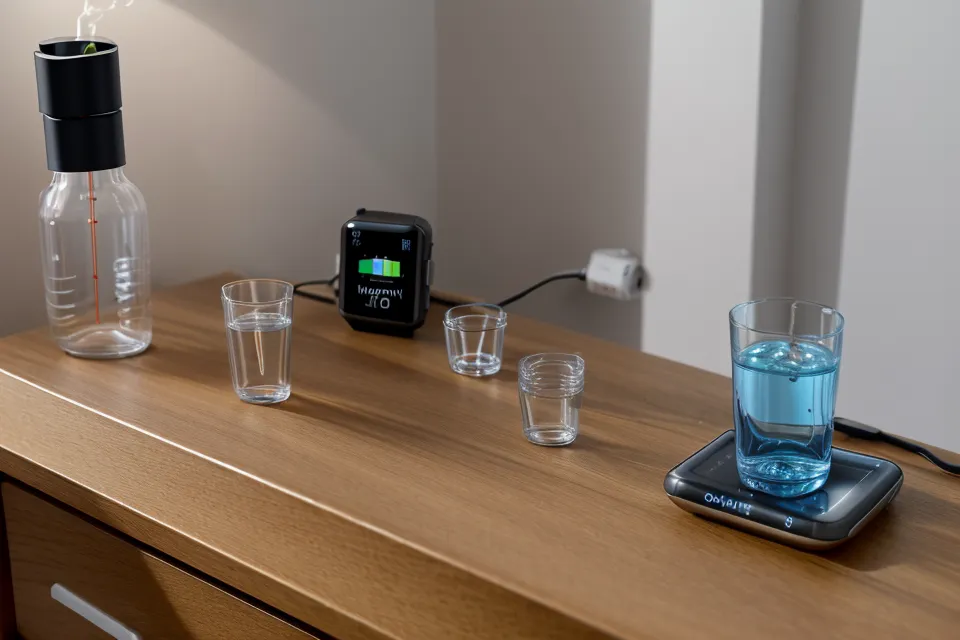YU SLEEP supplement and smartwatch on a nightstand