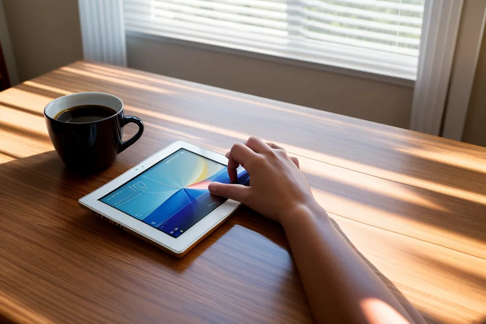 Reviewing sleep cycle data on a tablet during a morning routine