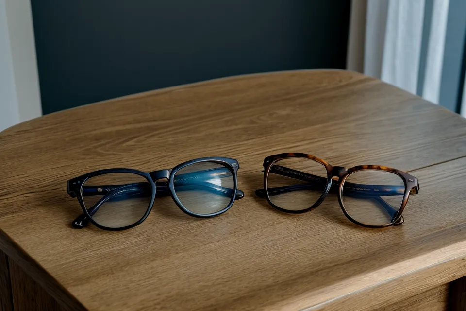 A smartphone placed face down on a nightstand next to glasses in soft light.