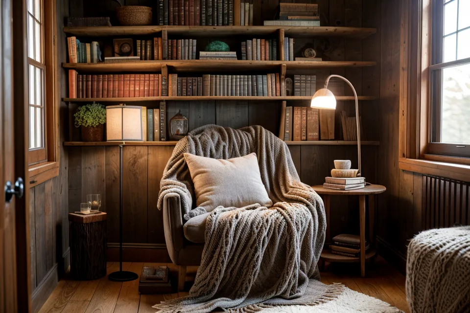 A cozy reading nook with a blanket and books under soft warm light.