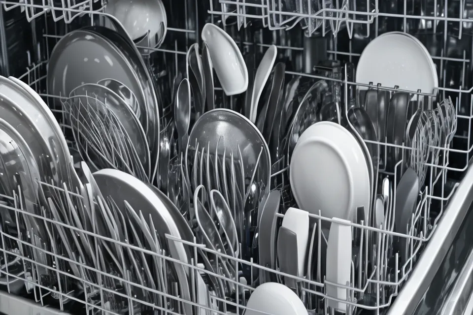 A close-up of a silent dishwasher in a dark, modern kitchen.