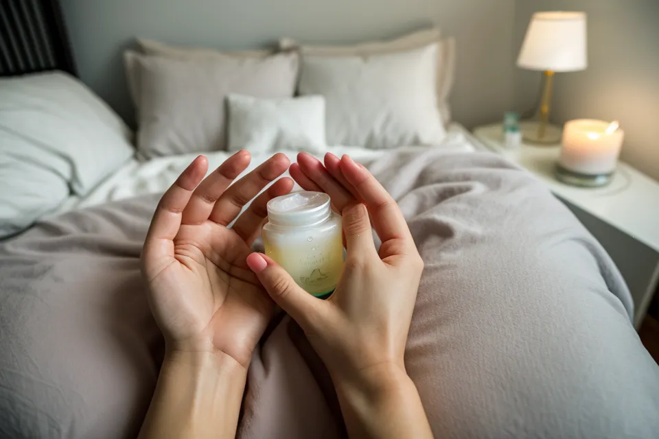 YU SLEEP capsule held over a nightstand during a late-night sleep optimization routine