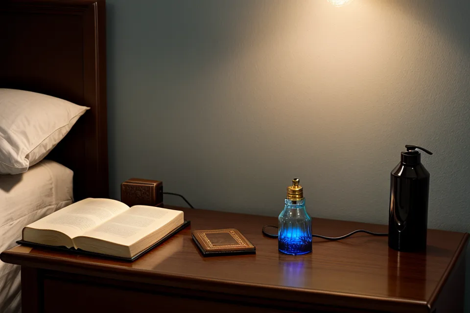 Sleep supplements and blue light blocking glasses on a nightstand for a burned-out professional's sleep routine