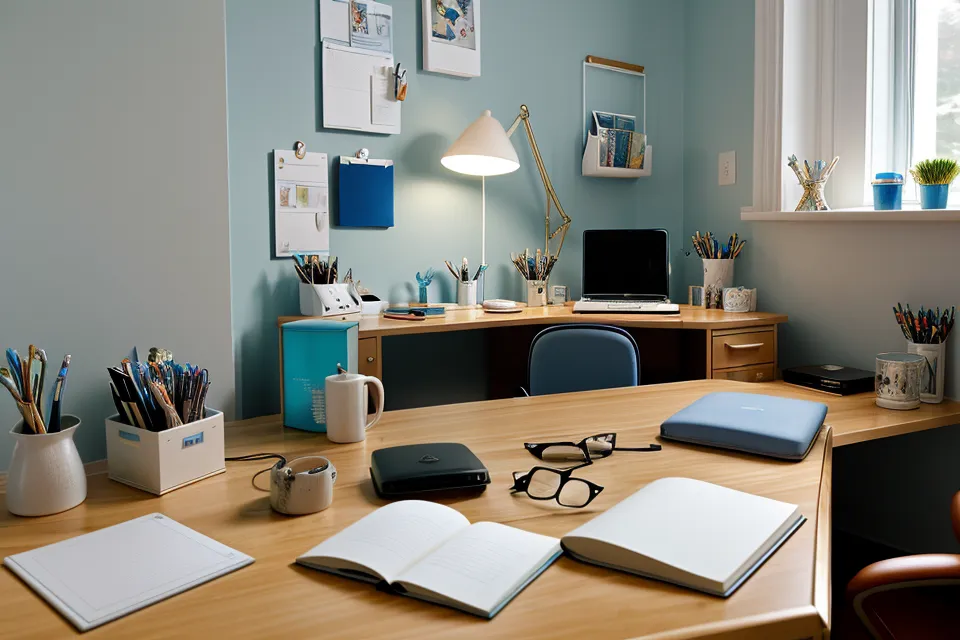 A closed laptop behind a notebook and pen under warm light, marking where work productivity habits end and bedtime begins