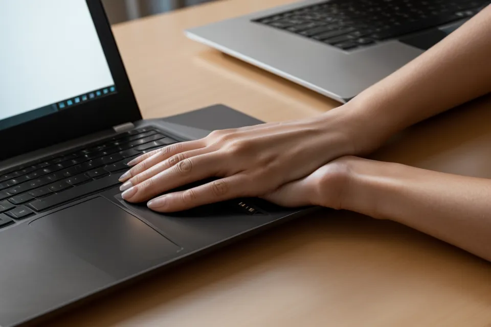 Closing a laptop at the end of the workday, the first step in an office decompression routine for better sleep