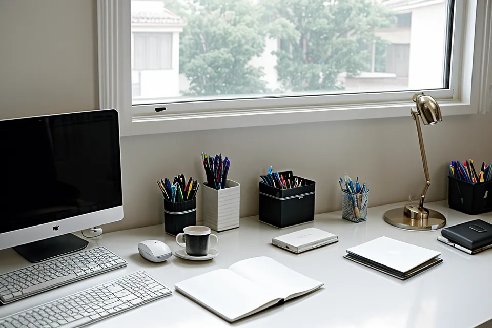 An organized office desk with a notebook and dark monitor screen after a physical reset step for burnout prevention