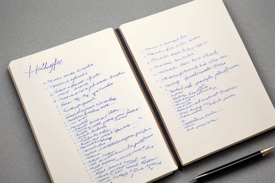 A handwritten tomorrow list in a notebook under soft evening light, part of an office productivity routine for better sleep