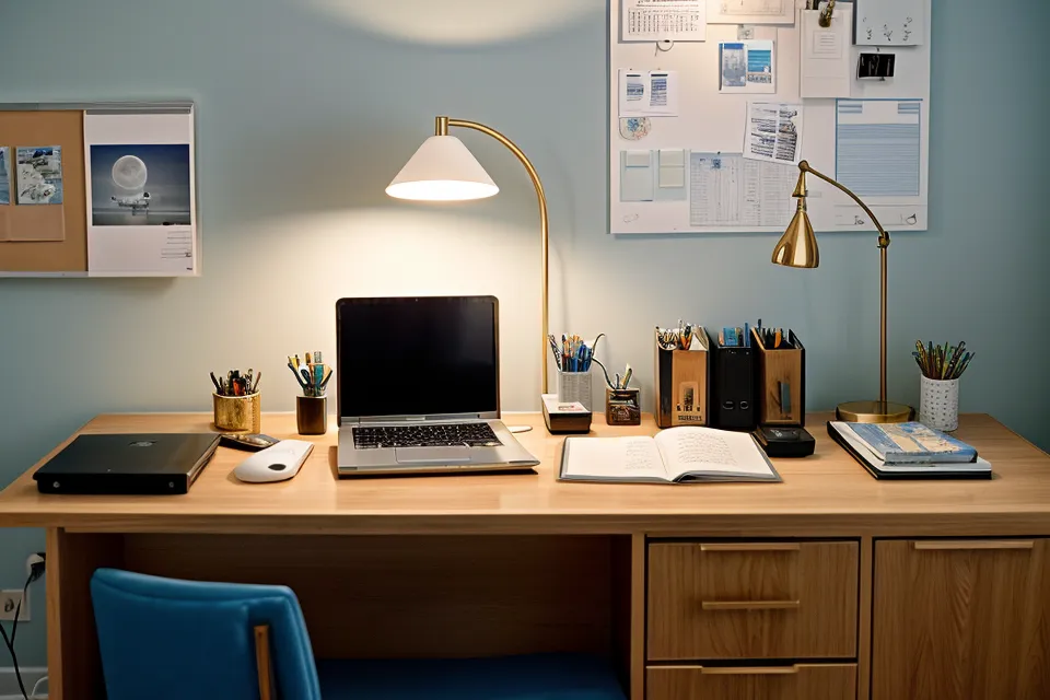 Red light therapy panel glowing in a dark home office used for cortisol management and better sleep