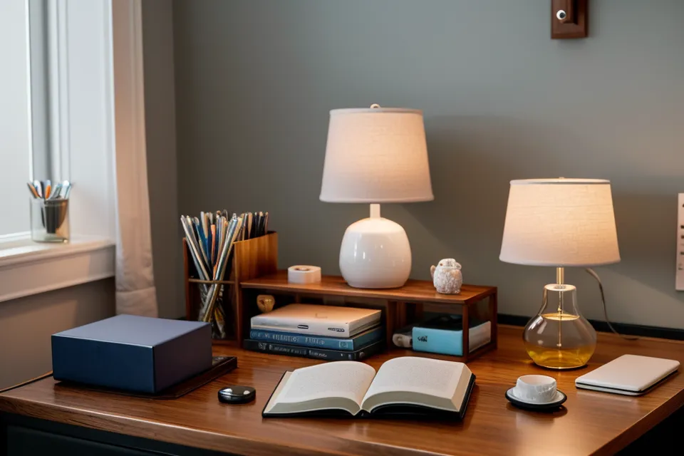 A laptop's blue screen glow beside warm amber room lighting, showing why screen light can undercut a bedroom's home-environment setup