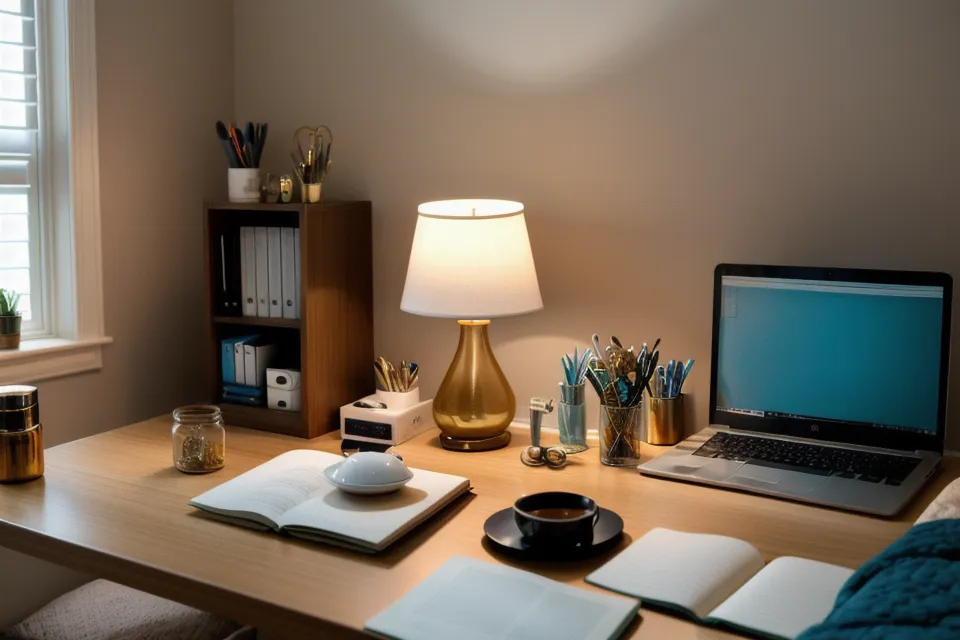 White noise machine glowing on a nightstand, used to block city noise pollution during a stressful work week