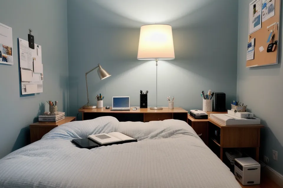A hand clearing tangled chargers and mail off a cluttered nightstand as part of a bedroom decluttering routine for better sleep