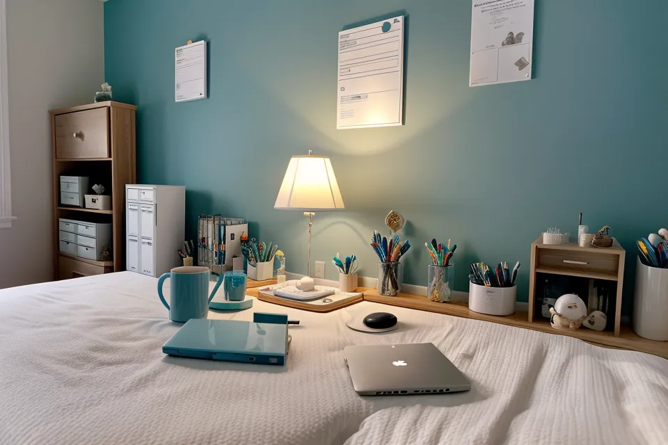 Magnesium supplement bottle beside a bedside lamp, part of a busy director's sleep-optimization and anxiety-management routine