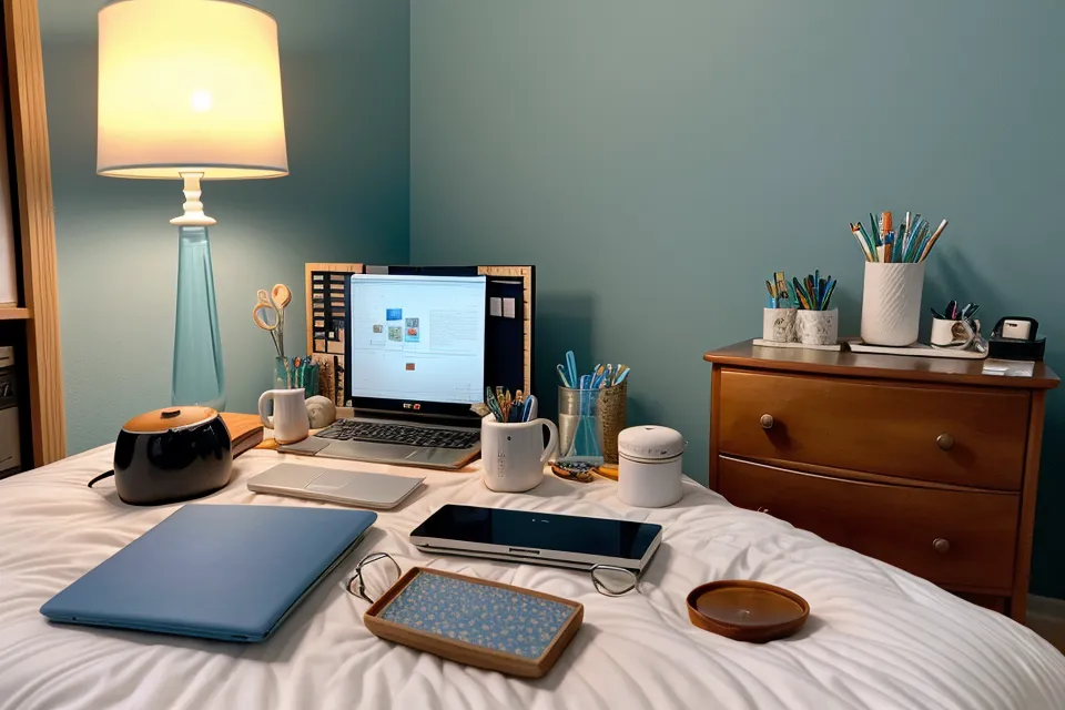 Amber-tinted blue light blocking glasses beside a laptop showing late-night work emails