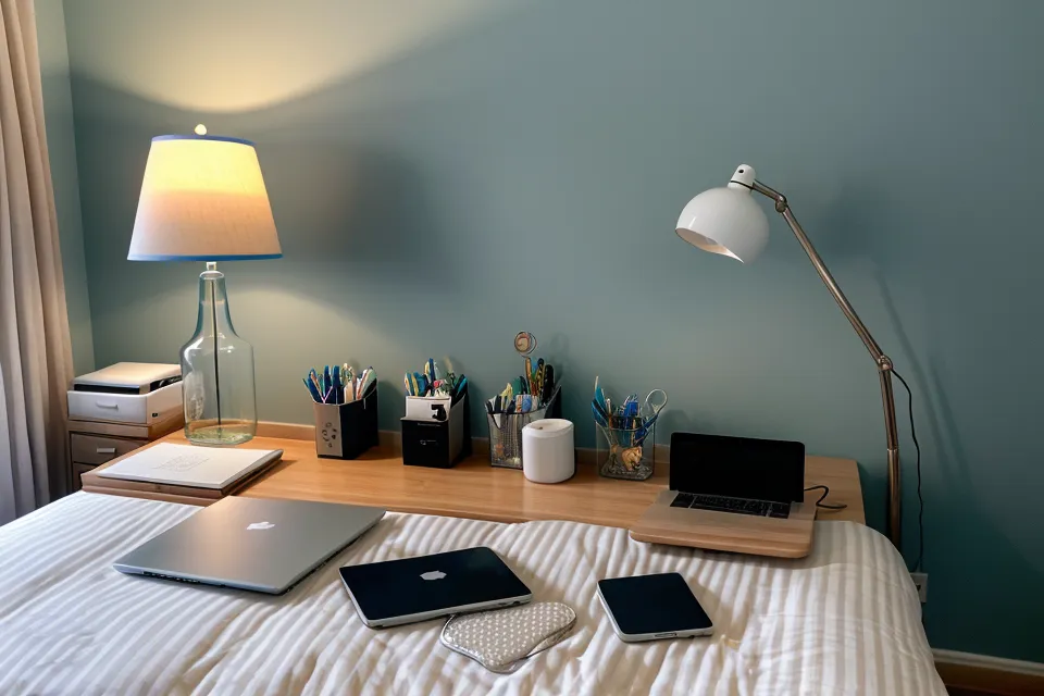 Hand reaching for a sleep supplement bottle next to a phone lit up with work notifications during a high-stress week