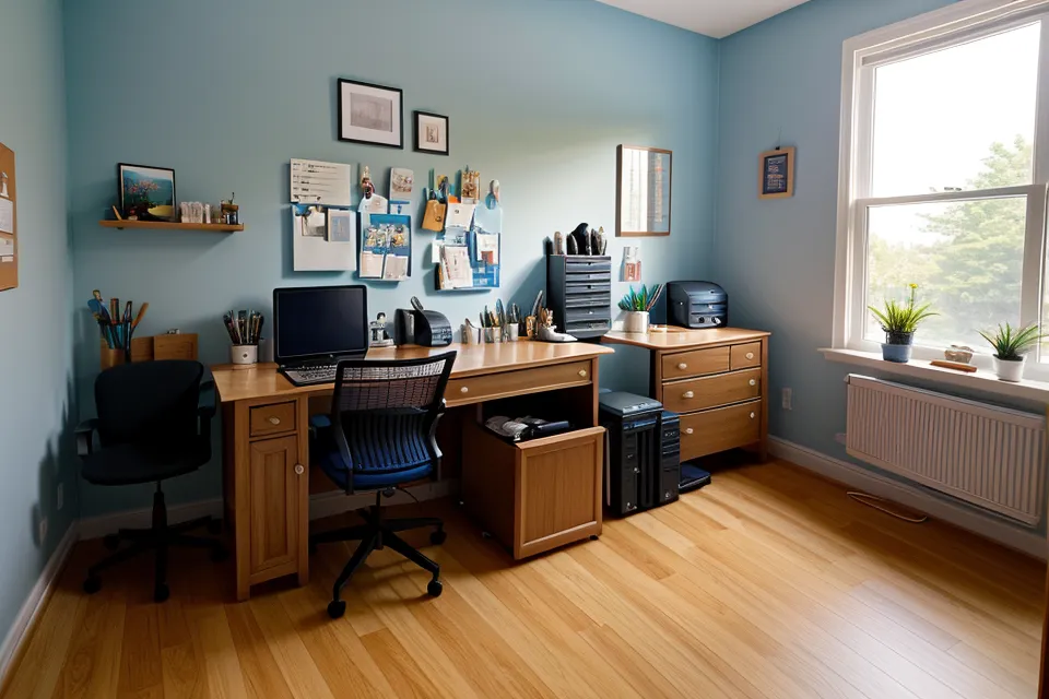 Business traveler's hotel desk with a laptop and sleep supplement bottle, managing executive burnout while on the road